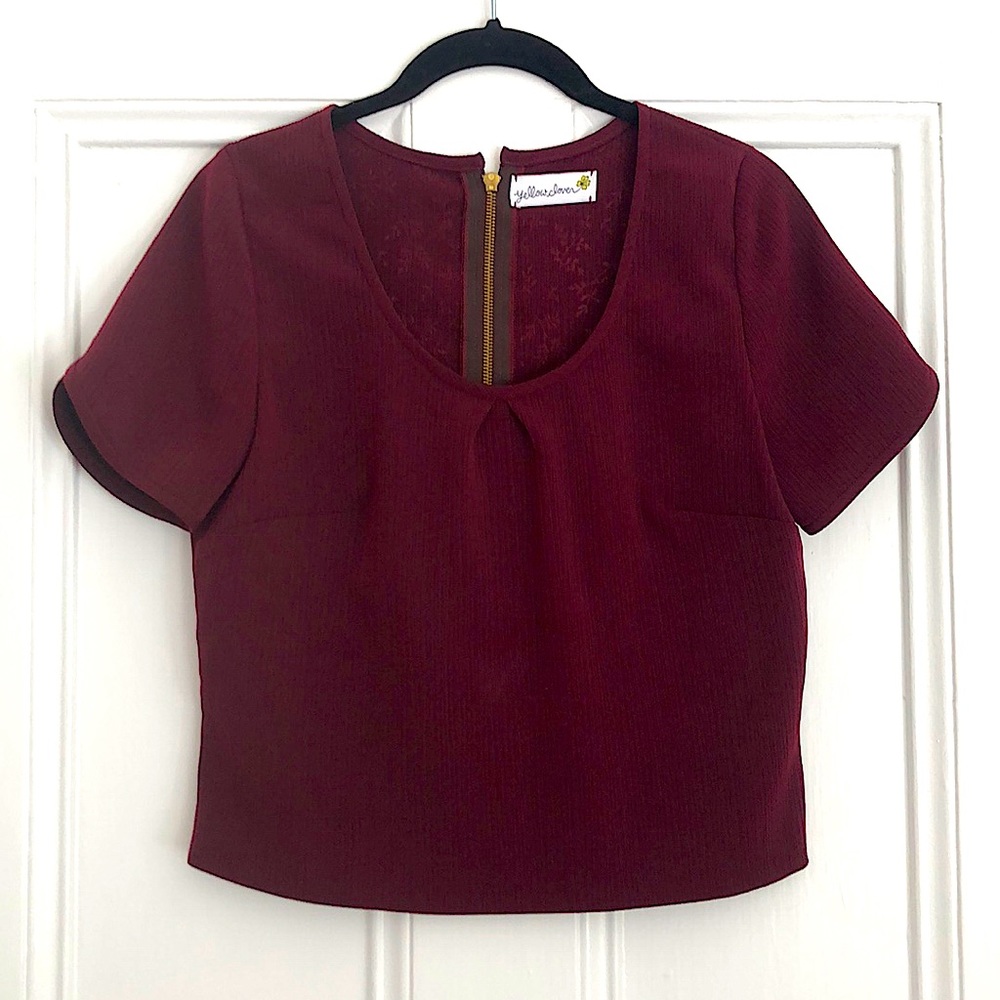 Yellow Clover Maroon Cropped Blouse with Gold Zipper-Back Detail